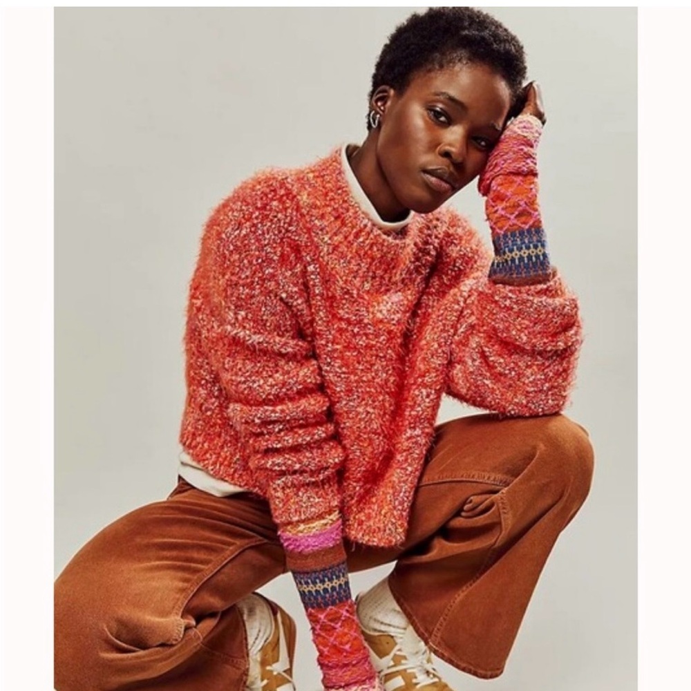 Free People Vibrant Mock Neck Soft Knit Sweater Cropped Multicolor Barbicore XS